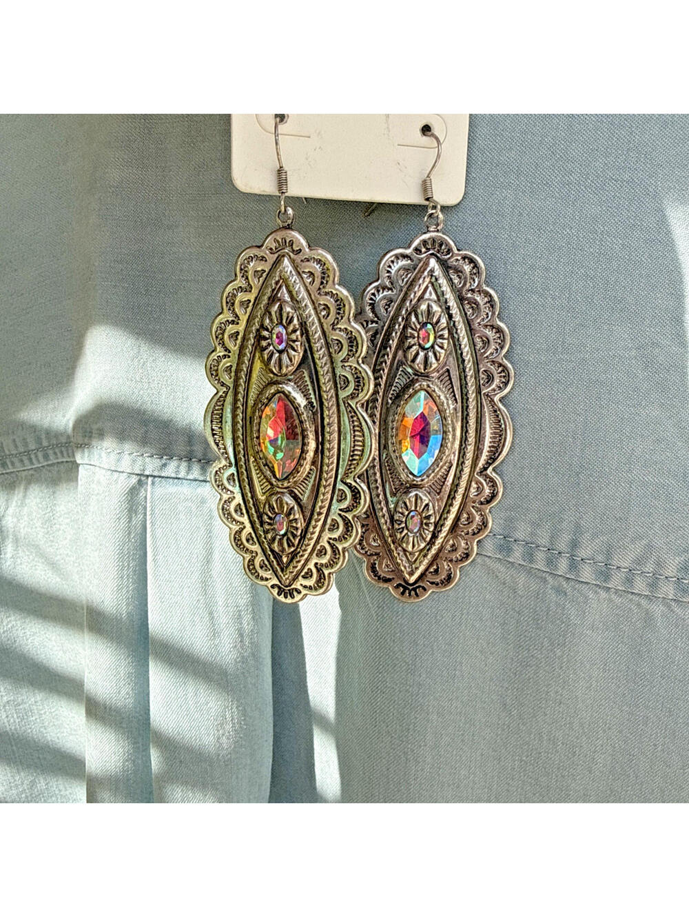 Silvertone Western Cowgirl Concho AB Stone Dangle Drop Earrings NEW